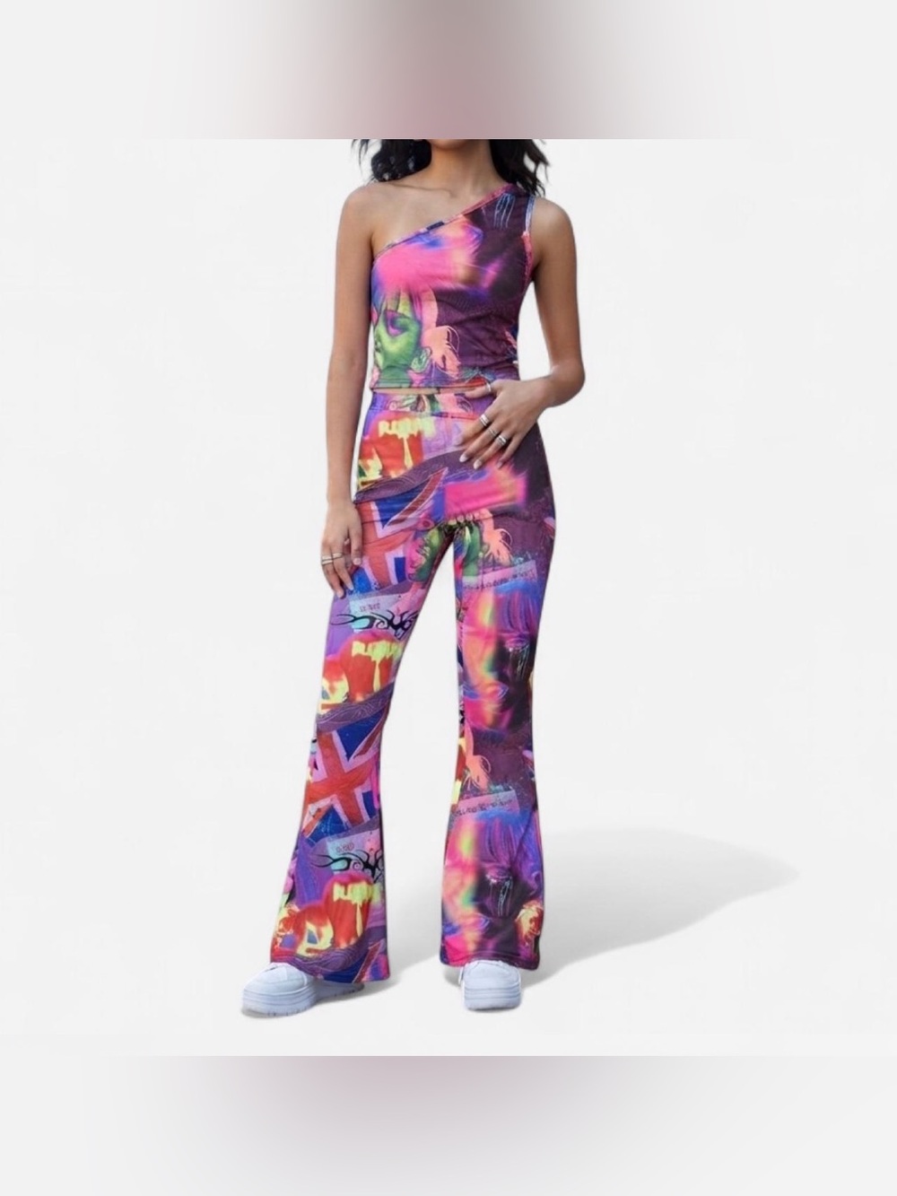 NWT Elsie & Fred Pleasure Print Flag Rave Two Piece Set Flare Pant & Top XS